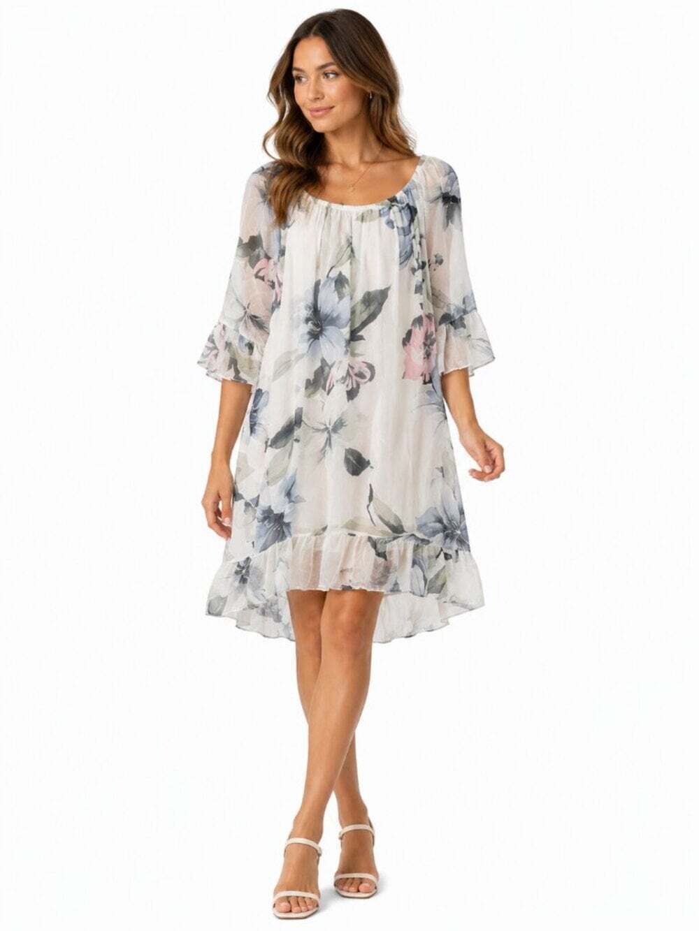 Rosemarine Italy Silk Blend Floral Tiered Dress Bohemian Romantic Large
